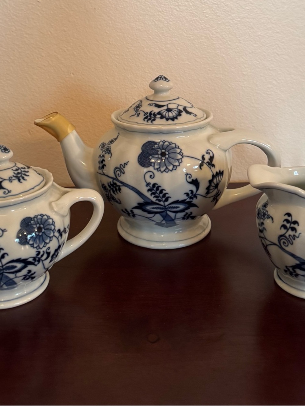 Vintage Danube “Blue Onion”  Porcelain Teapot, Sugar Bowl & Creamer